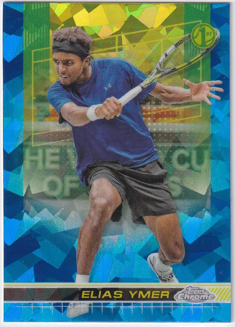 Elias Ymer hitting a forehand in a blue shirt, featured in Topps Chrome Sapphire