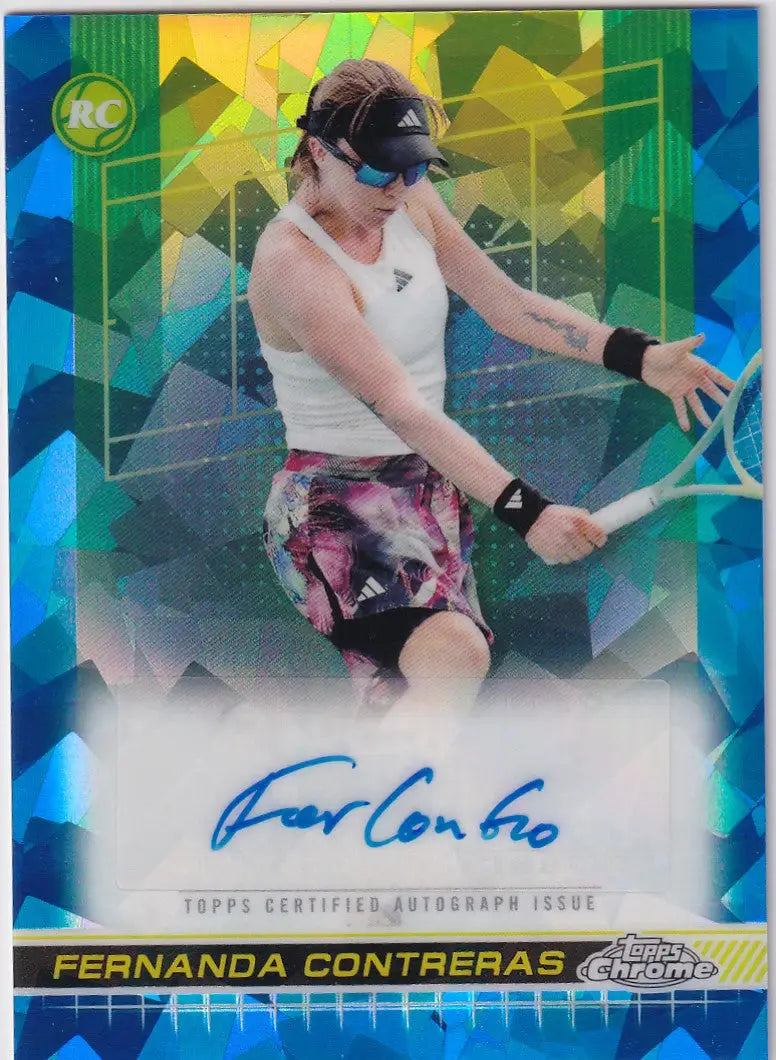 Holographic Topps Chrome Sapphire Auto card of Fernanda Contreras making a forehand swing