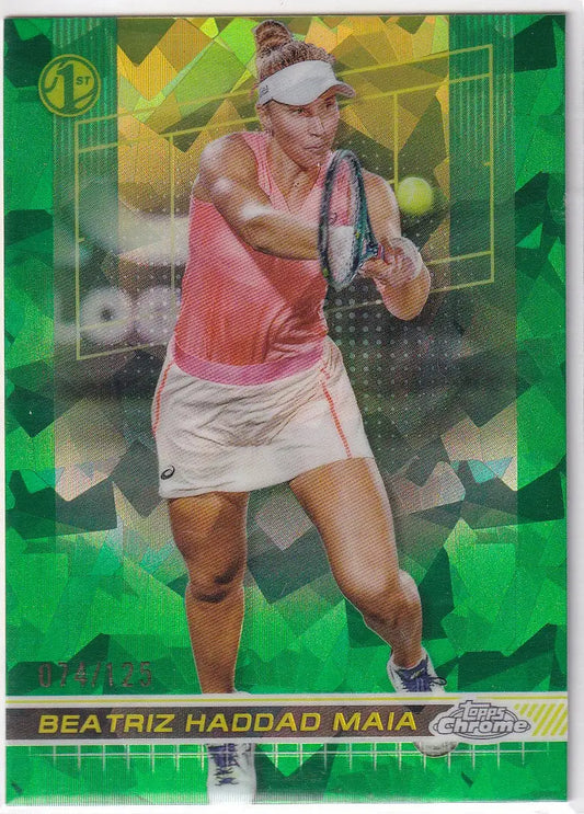 Tennis player Beatriz Haddad Maia in pink tank top hitting backhand for Topps Chrome Sapphire
