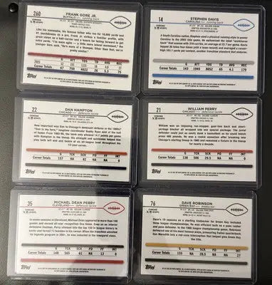 Grid of six Topps Chrome Sepia Refractor football trading cards in protective sleeves