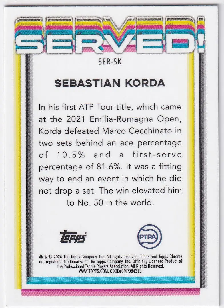 Sebastian Korda’s first ATP Tour title card from 2024 Topps Chrome Served collection