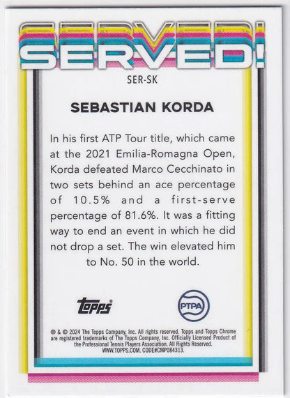 Sebastian Korda’s first ATP Tour title card from 2024 Topps Chrome Served collection