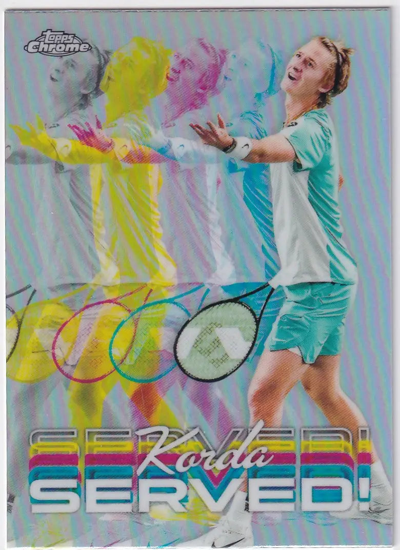 Tennis player in teal outfit celebrating with colorful powder for Topps Chrome Served card