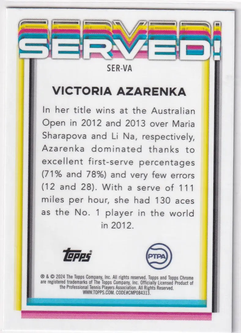Trading card of Victoria Azarenka’s serving stats from Australian Open in Topps Chrome Served