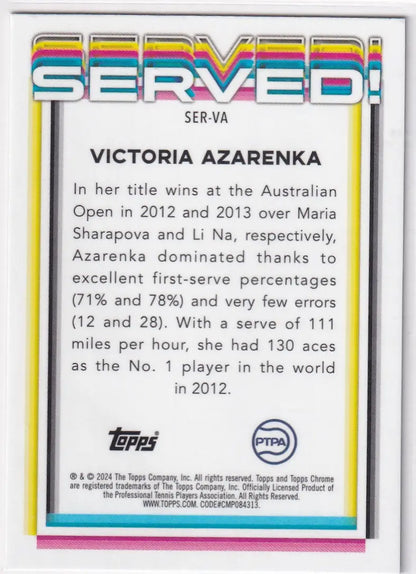 Trading card of Victoria Azarenka’s serving stats from Australian Open in Topps Chrome Served