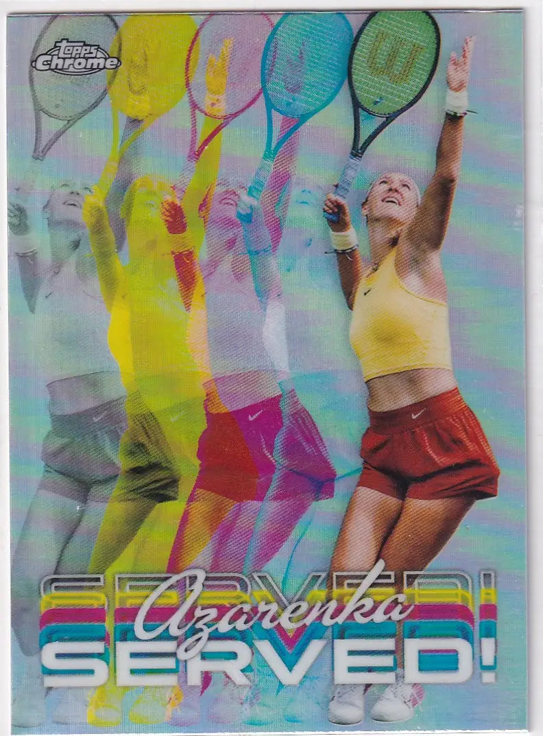 Tennis player serving in yellow top and red shorts for Topps Chrome Served card