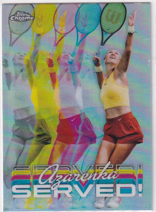 Tennis player serving in yellow top and red shorts for Topps Chrome Served card