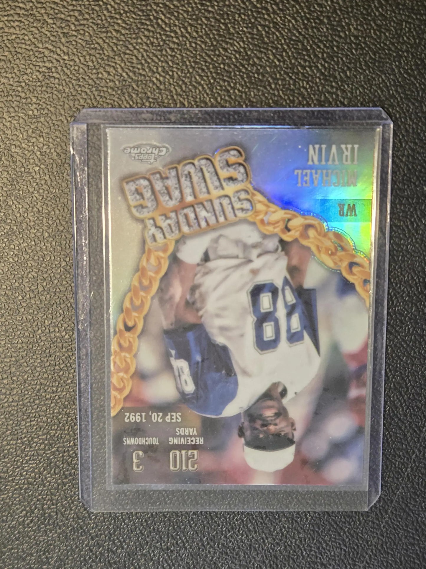 Michael Irvin Sunday Swag trading card in protective sleeve from 2024 Topps Chrome