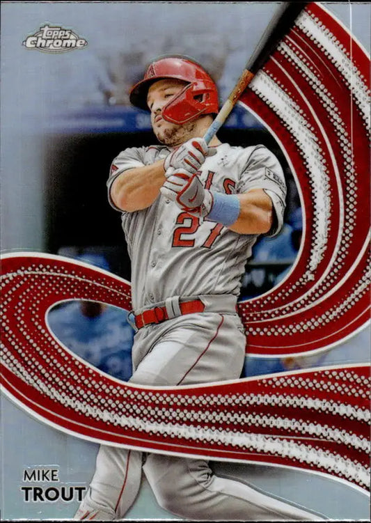 Mike Trout swinging bat in white uniform on 2024 Topps Chrome Strokes baseball card