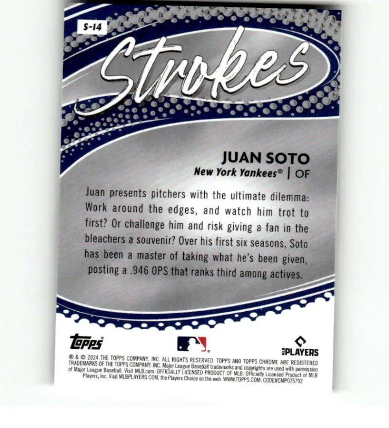 Juan Soto Topps Chrome Strokes Refractor card featuring New York Yankees outfielder