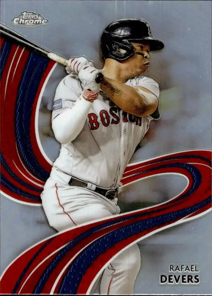 Boston Red Sox player Rafael Devers swinging a bat in white home uniform