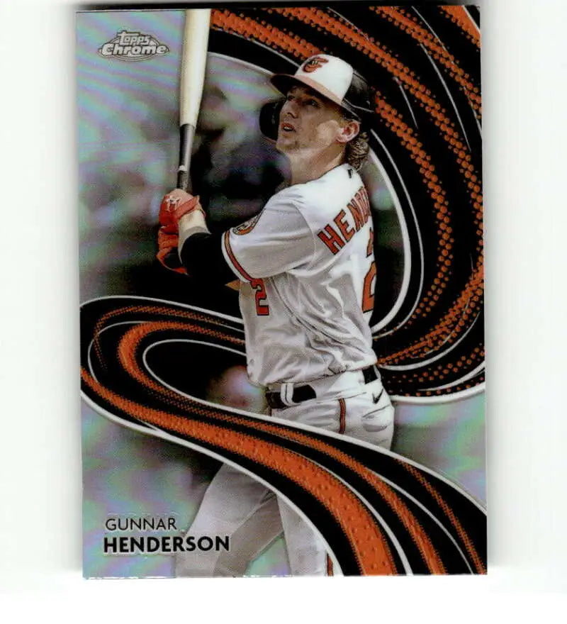 Baltimore Orioles player swinging bat on 2024 Topps Chrome baseball card design
