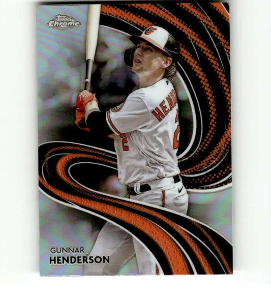 Baltimore Orioles player swinging bat on 2024 Topps Chrome baseball card design