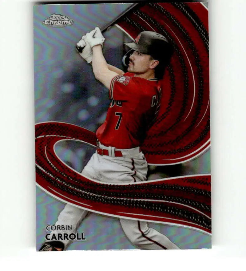 Corbin Carroll in red uniform swinging bat on 2024 Topps Chrome Strokes Refractor card