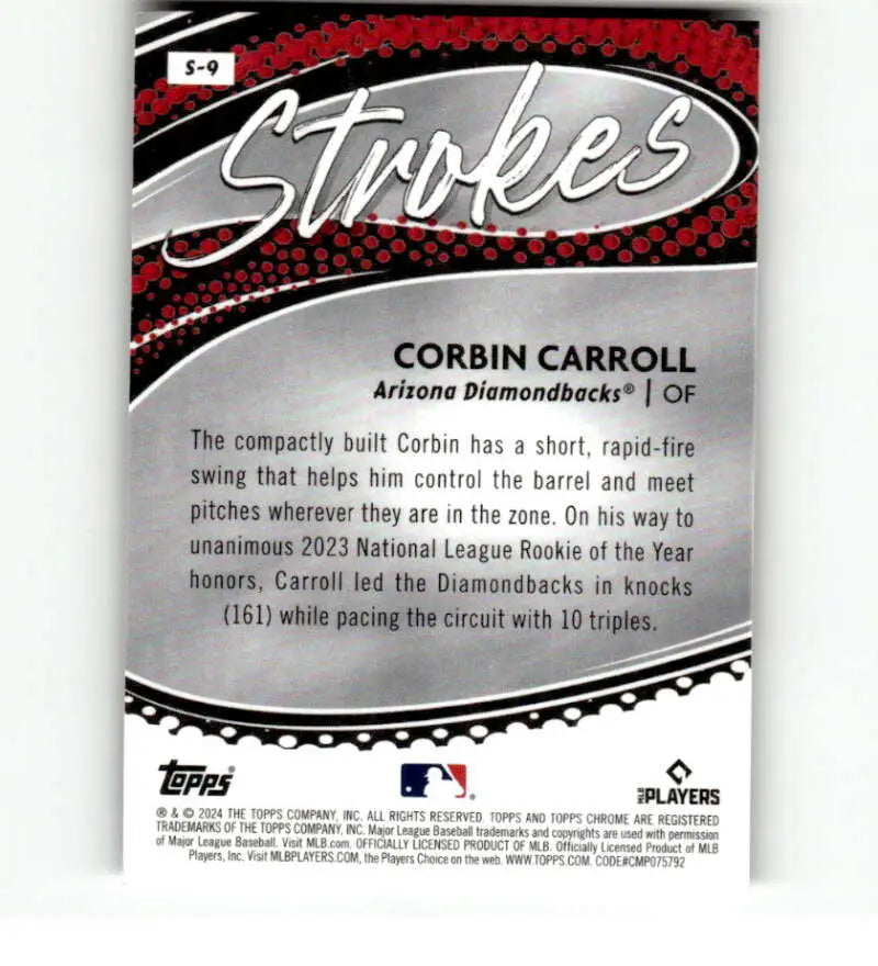 Baseball card featuring Corbin Carroll of the Arizona Diamondbacks from Topps Chrome Strokes