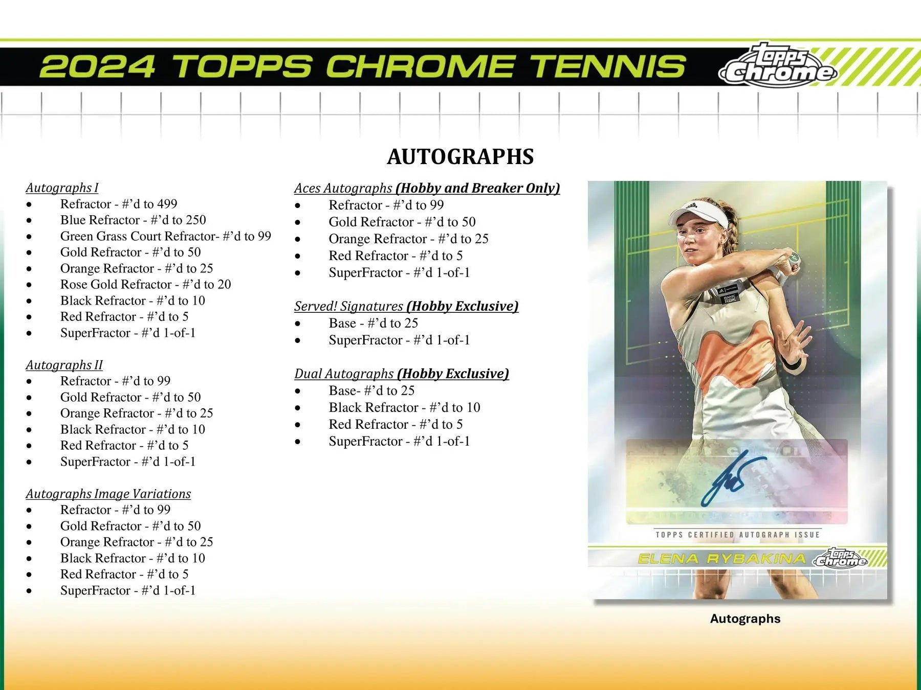 2024 Topps Chrome Tennis trading card checklist with gold and red refractor autograph variations