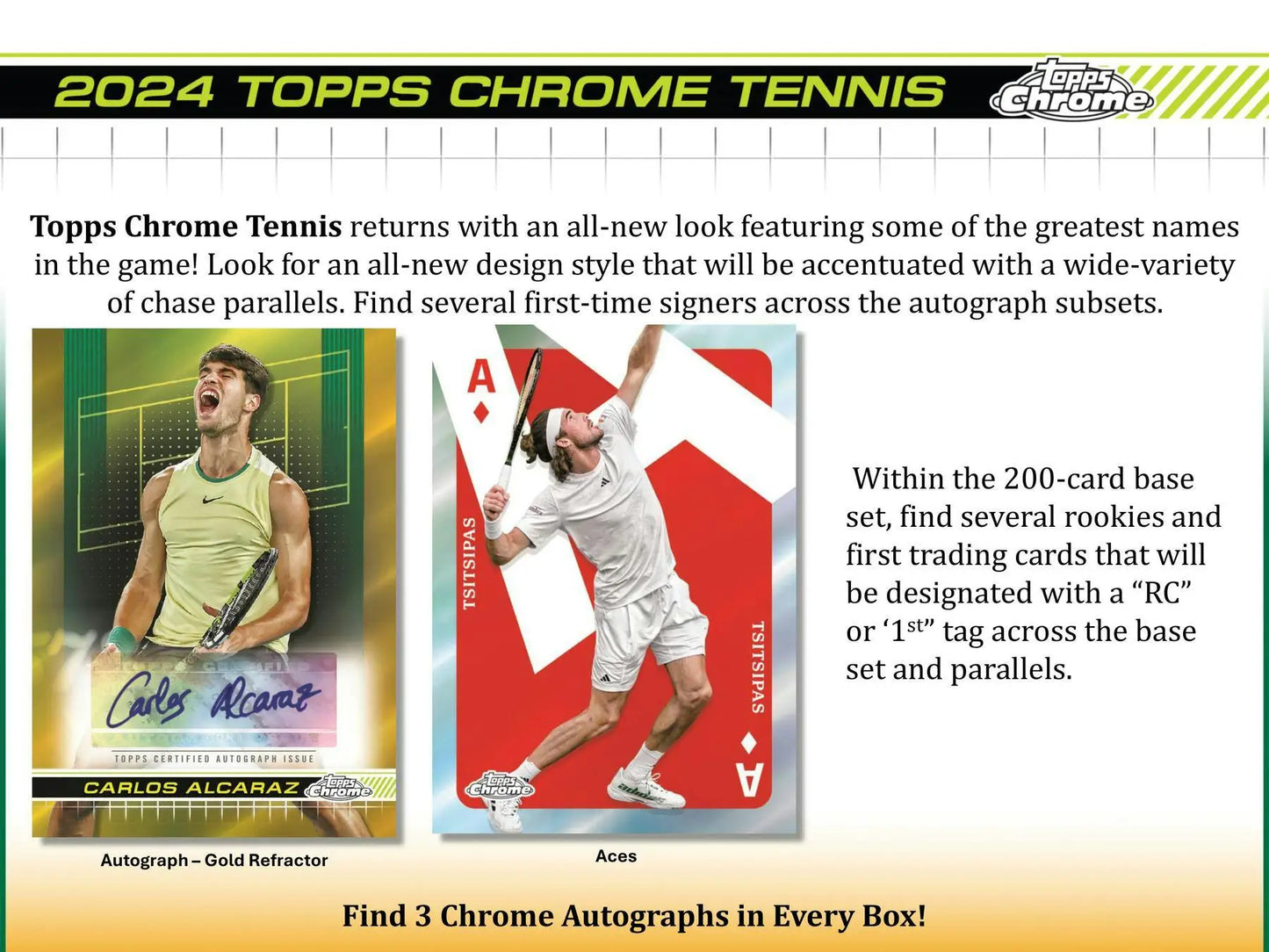 Product advertisement for 2024 Topps Chrome Tennis Hobby Box featuring gold refractor designs