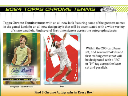 Product advertisement for 2024 Topps Chrome Tennis Hobby Box featuring gold refractor designs