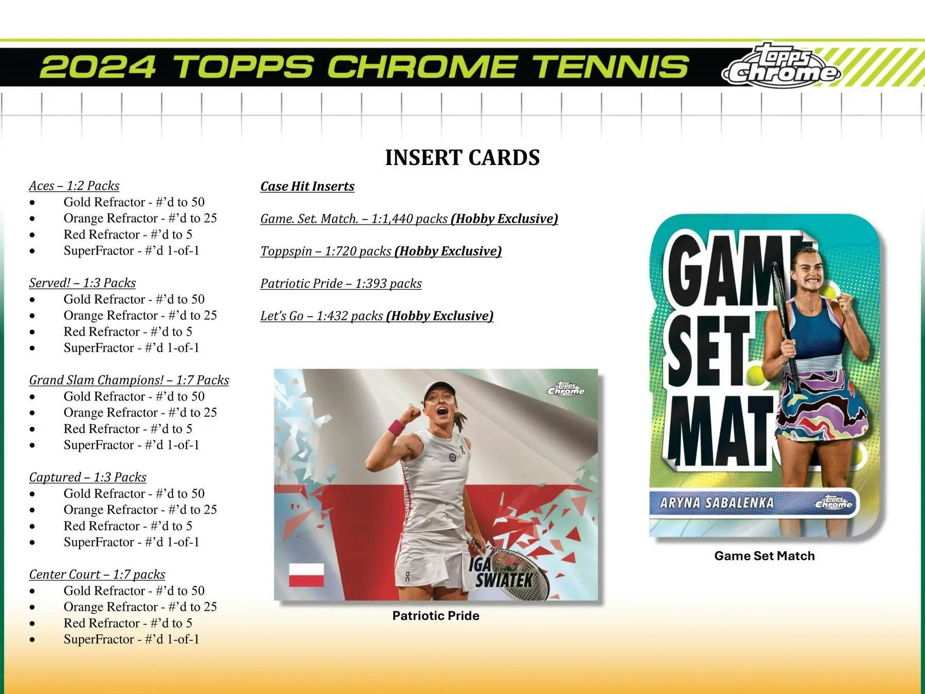 Product checklist for 2024 Topps Chrome Tennis Hobby Box with gold refractor details
