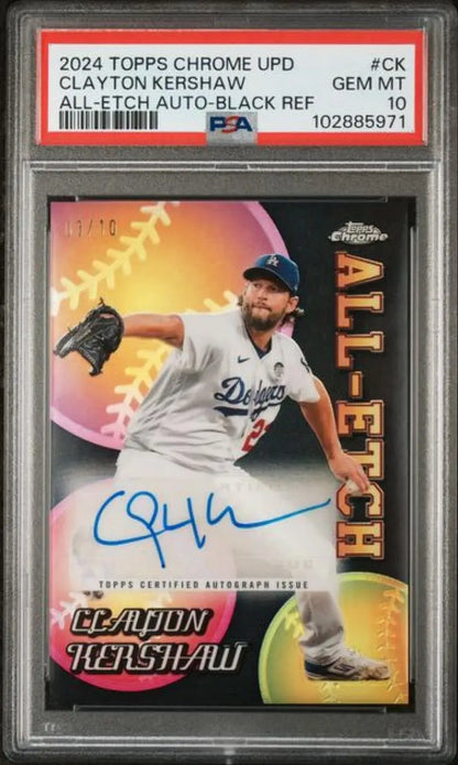 Clayton Kershaw autographed baseball card from 2024 Topps Chrome, Los Angeles Dodgers