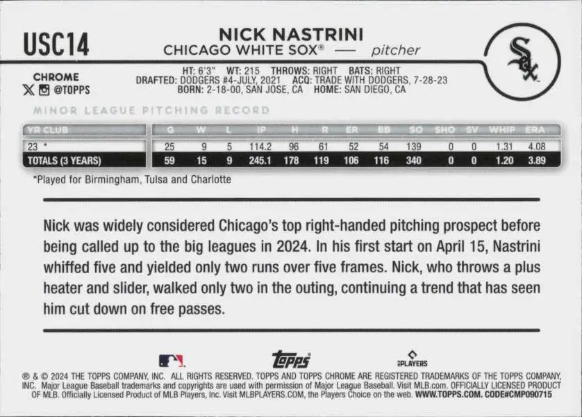 Nick Nastrini 2024 Topps Chrome Update Refractor Prism baseball card NM-MT RC