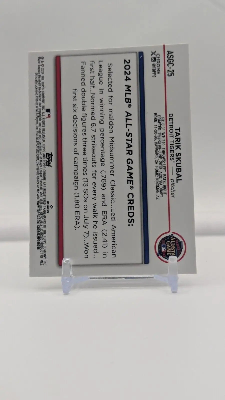 Baseball card back of 2024 Topps Chrome Update Series Tarik Skubal ASGC-25