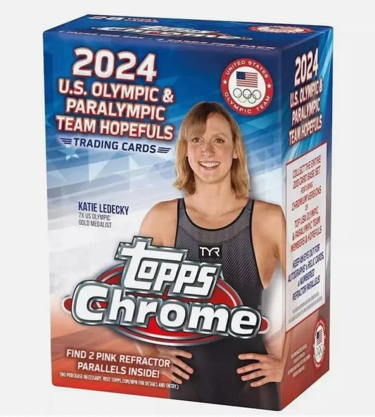 2024 Topps Chrome Olympic & Paralympic Team Hopefuls trading card box with TYR athlete