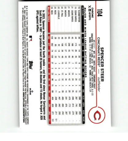 Baseball scorecard with red markings featuring Spencer Steer Cincinnati Reds Baseball Card
