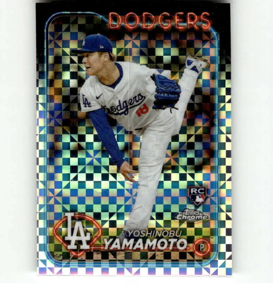 Yoshinobu Yamamoto mid-throw in white Dodgers uniform, Topps Chrome X-Fractor card
