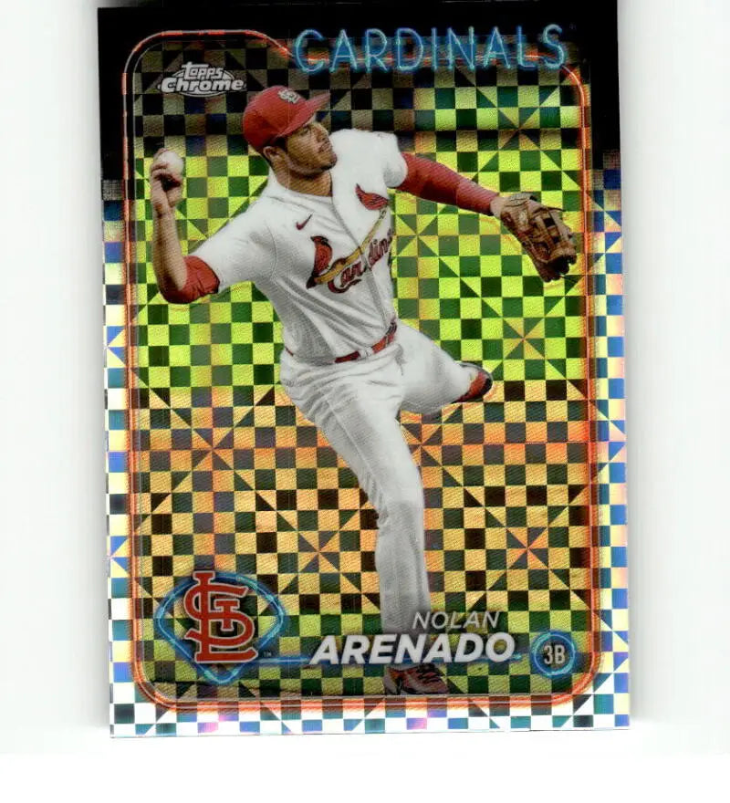 Holographic Topps Chrome baseball card of Nolan Arenado throwing a ball for St. Louis Cardinals