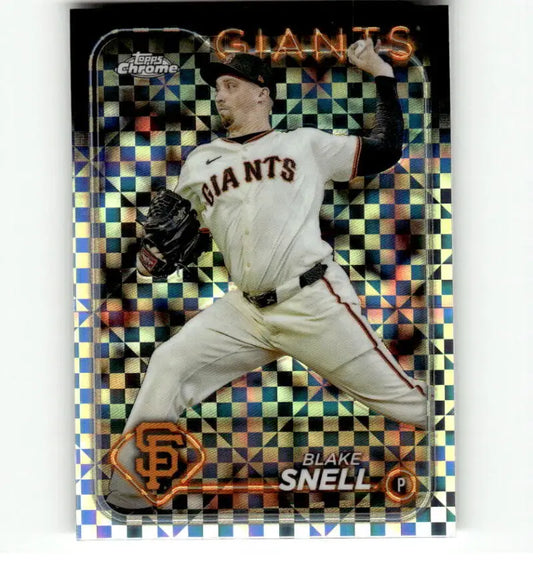 Blake Snell San Francisco Giants pitcher card in throwing motion, 2024 Topps Chrome X-Fractor
