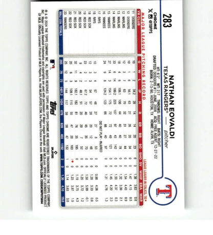 Baseball statistics card featuring Nathan Eovaldi from the 2024 Topps Chrome Texas Rangers
