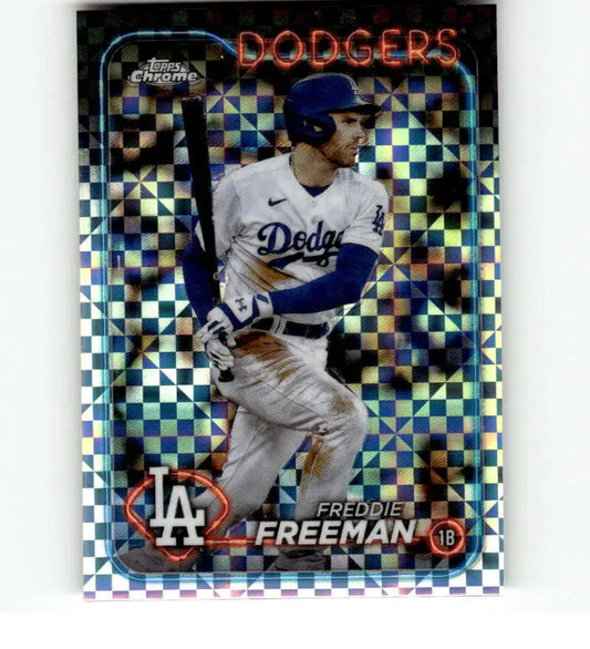 Shiny holographic Topps Chrome baseball card of Freddie Freeman, Los Angeles Dodgers player