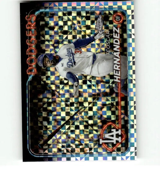 Holographic Teoscar Hernandez Los Angeles Dodgers baseball card with player swinging bat