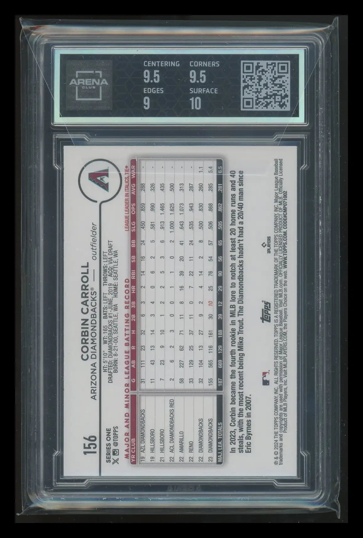 Graded Corbin Carroll baseball card from 2024 Topps Arena Club product