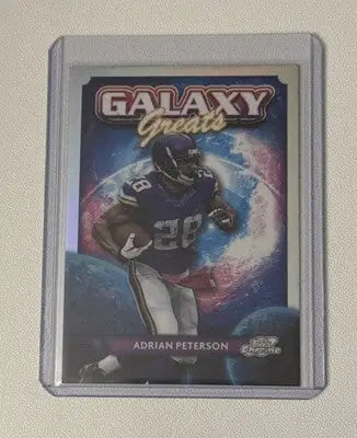 Adrian Peterson and Randy Moss Topps Cosmic Chrome Galaxy Greats football card in protective case