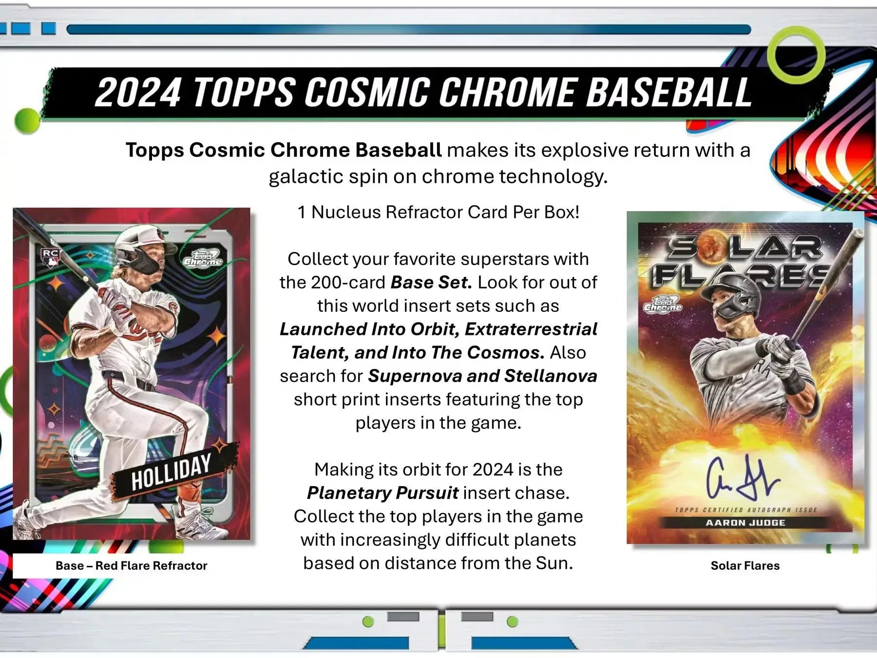 Advertisement for 2024 Topps Cosmic Chrome Baseball with Space Dust Refractor design