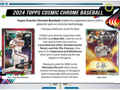 Advertisement for 2024 Topps Cosmic Chrome Baseball with Space Dust Refractor design