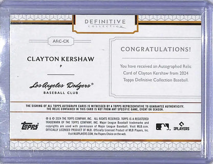 Clayton Kershaw autographed relic baseball card from 2024 Topps Definitive Collection Los Angeles Dodgers