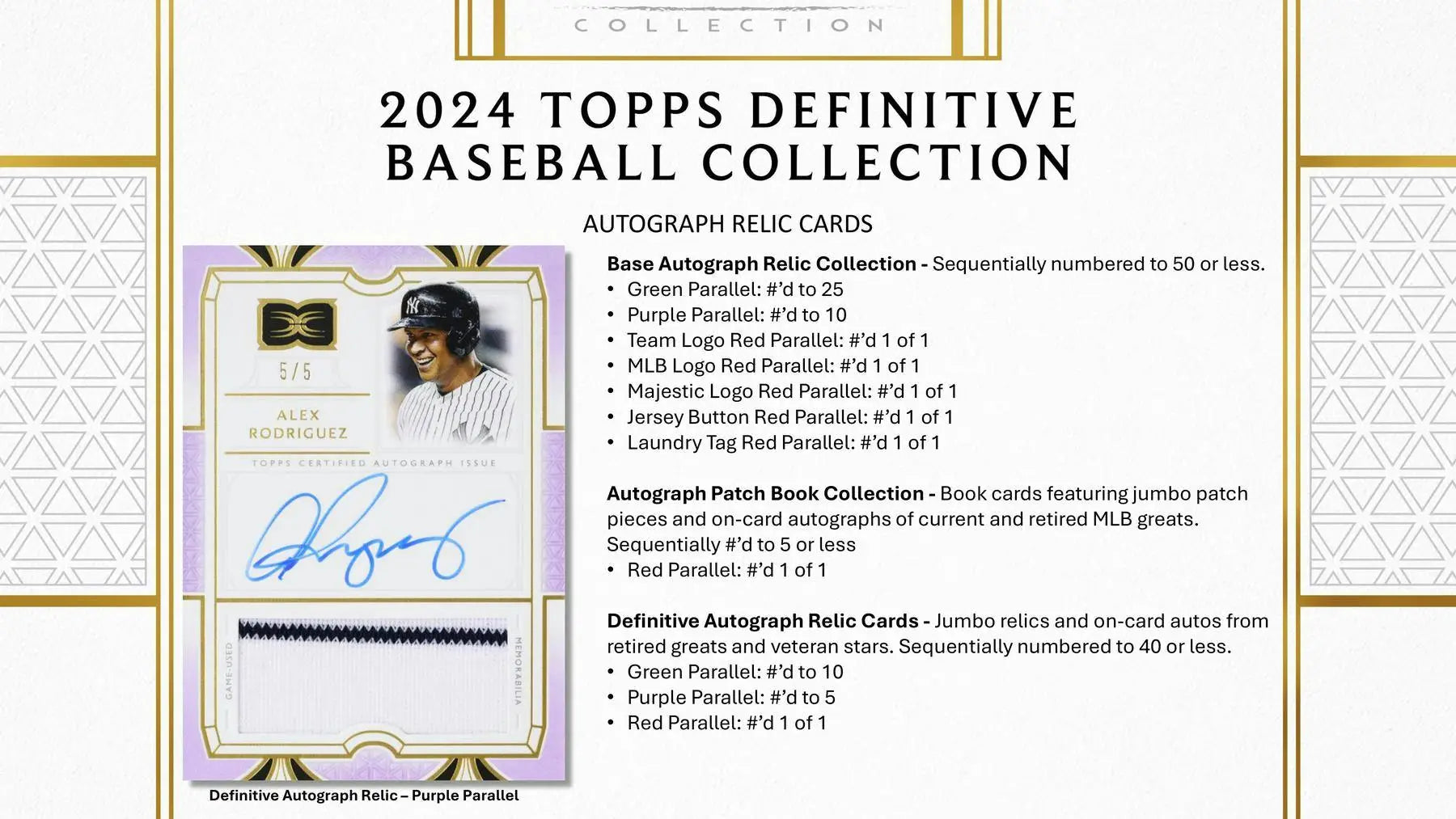 Product information card for 2024 Topps Definitive Baseball Collection autograph relic cards red parallel