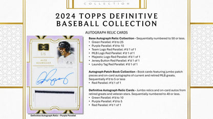 Product information card for 2024 Topps Definitive Baseball Collection autograph relic cards red parallel