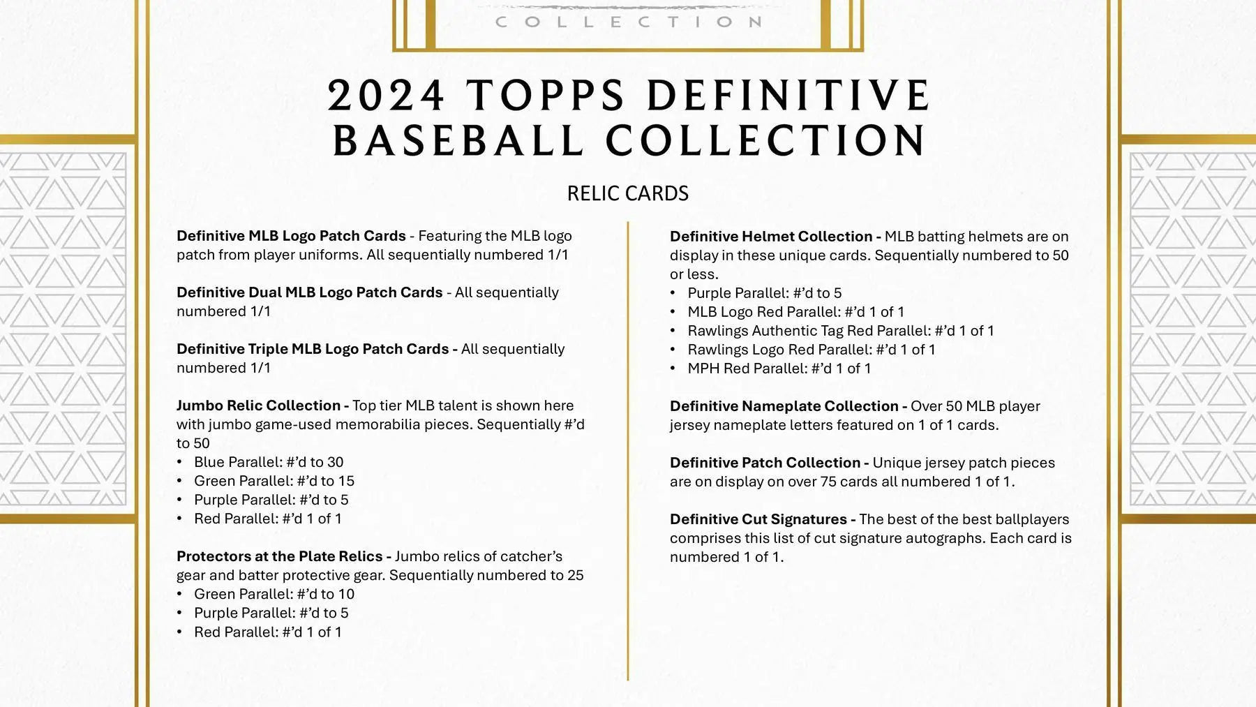 2024 Topps Definitive Baseball Collection relic cards with red and purple parallels, sequentially numbered
