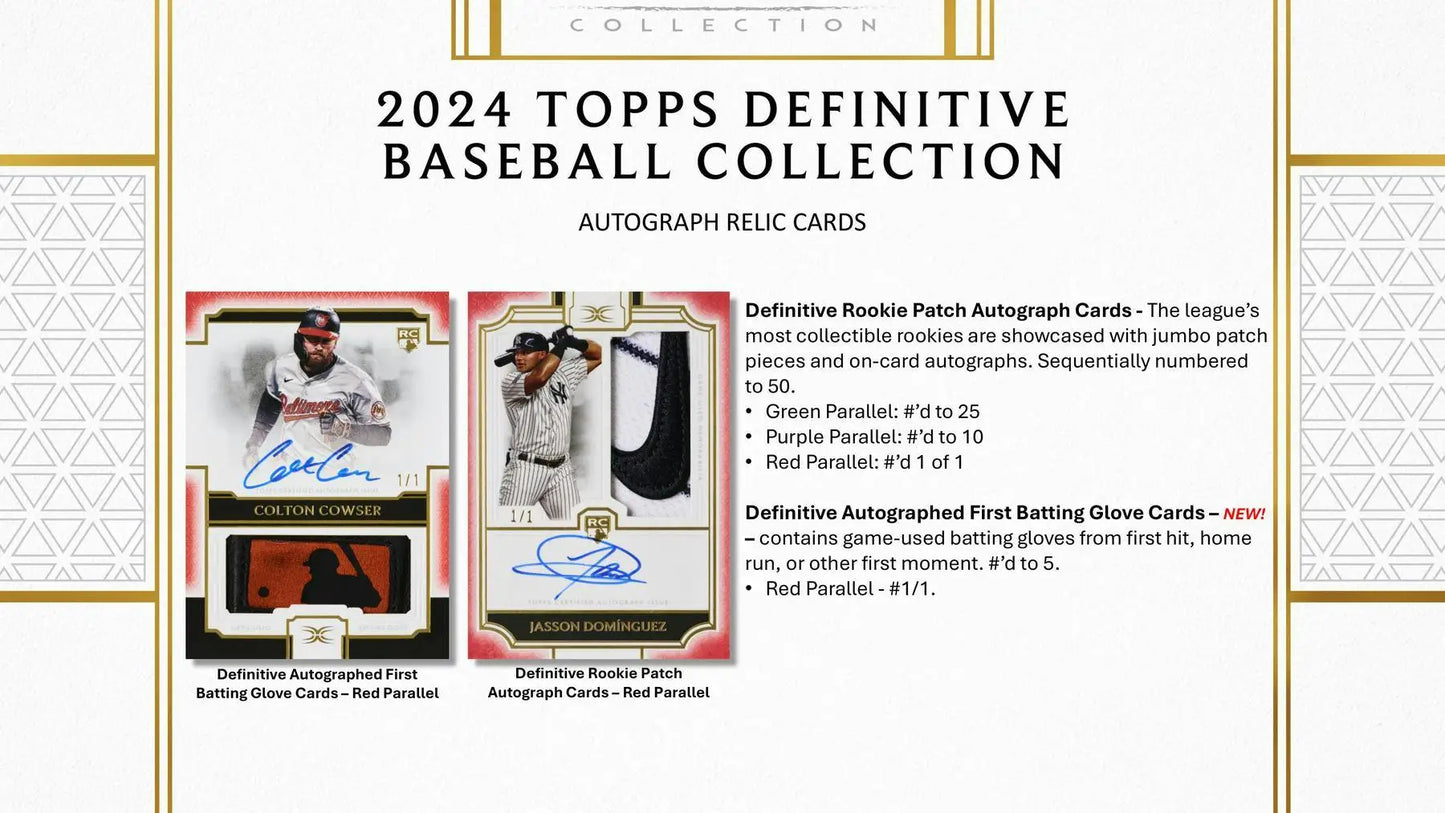 2024 Topps Definitive Collection Baseball Hobby Box featuring autograph relic cards and red parallel