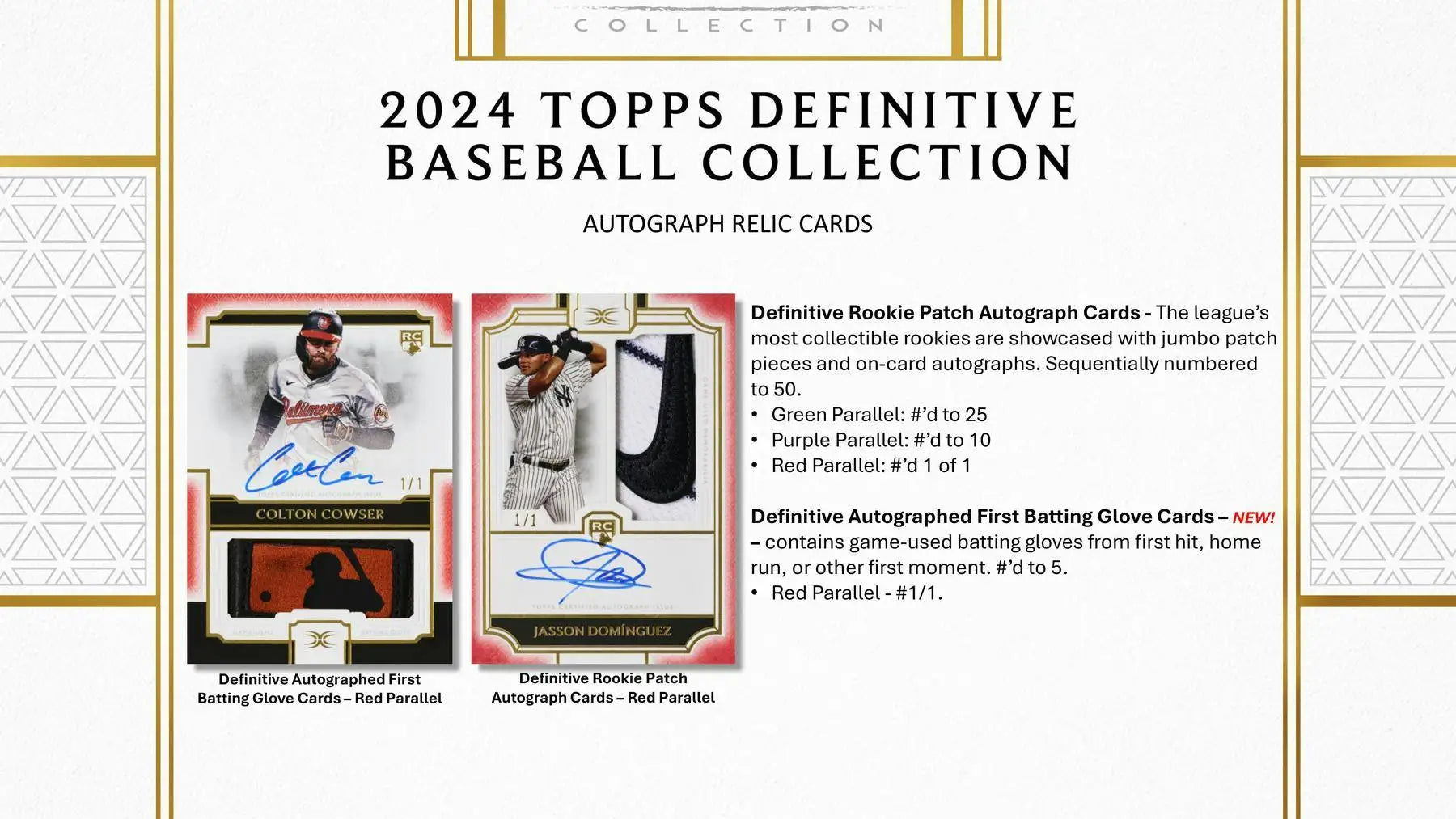 2024 Topps Definitive Collection Baseball Hobby Box featuring autograph relic cards and red parallel