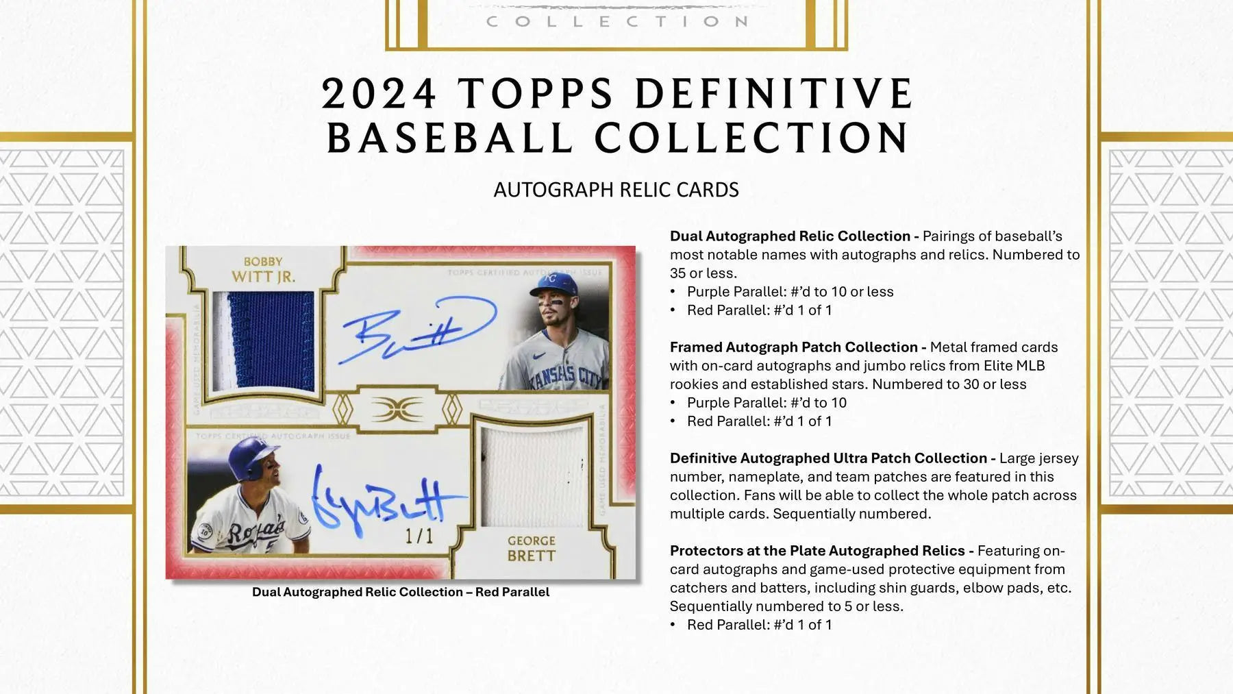 2024 Topps Definitive Collection Baseball cards featuring autograph relics and red parallel designs
