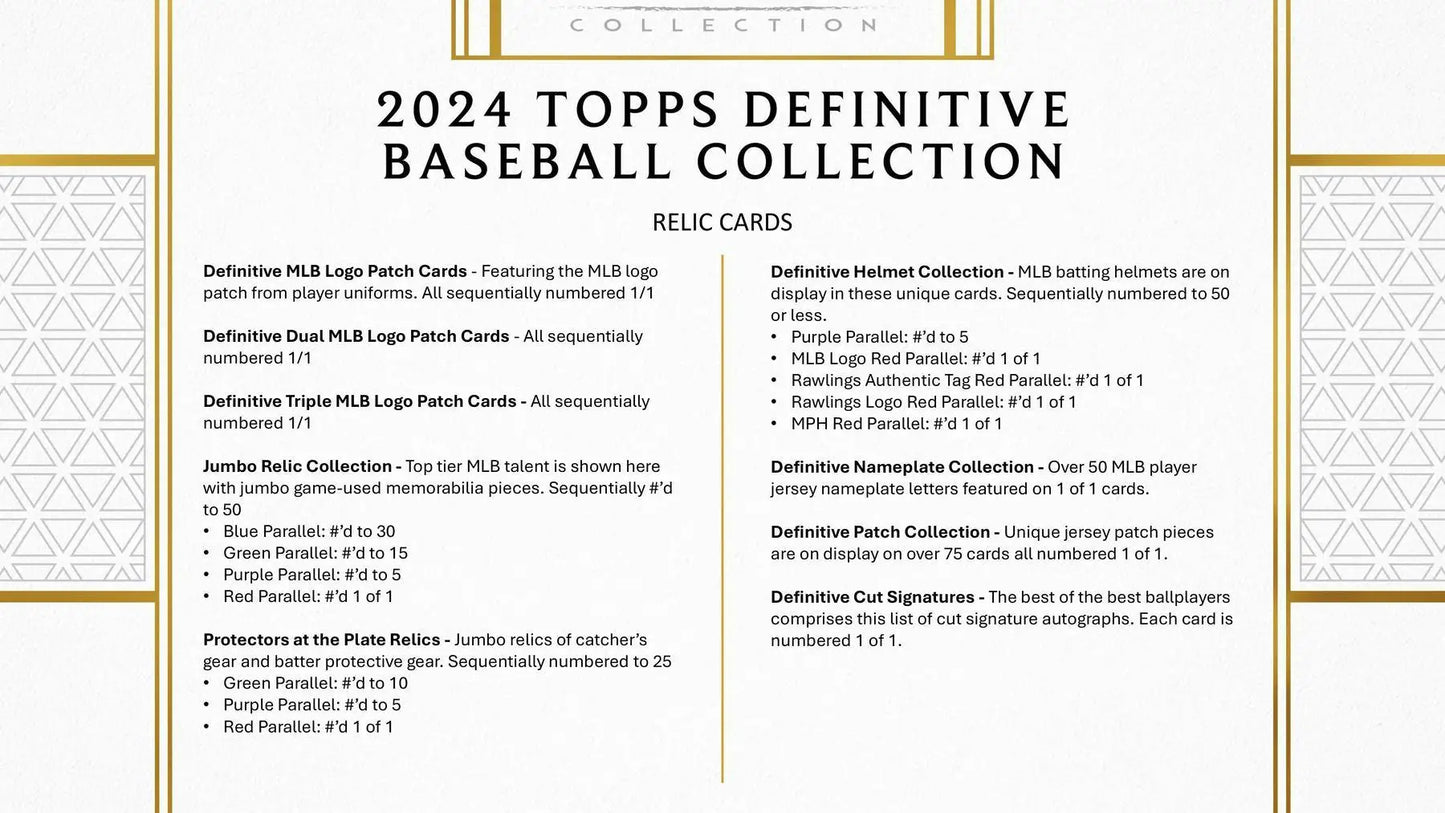 Product information card for 2024 Topps Definitive Baseball Collection relic cards, red parallel