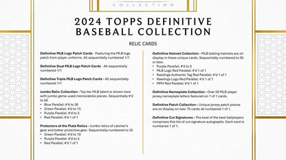 Product information card for 2024 Topps Definitive Baseball Collection relic cards, red parallel