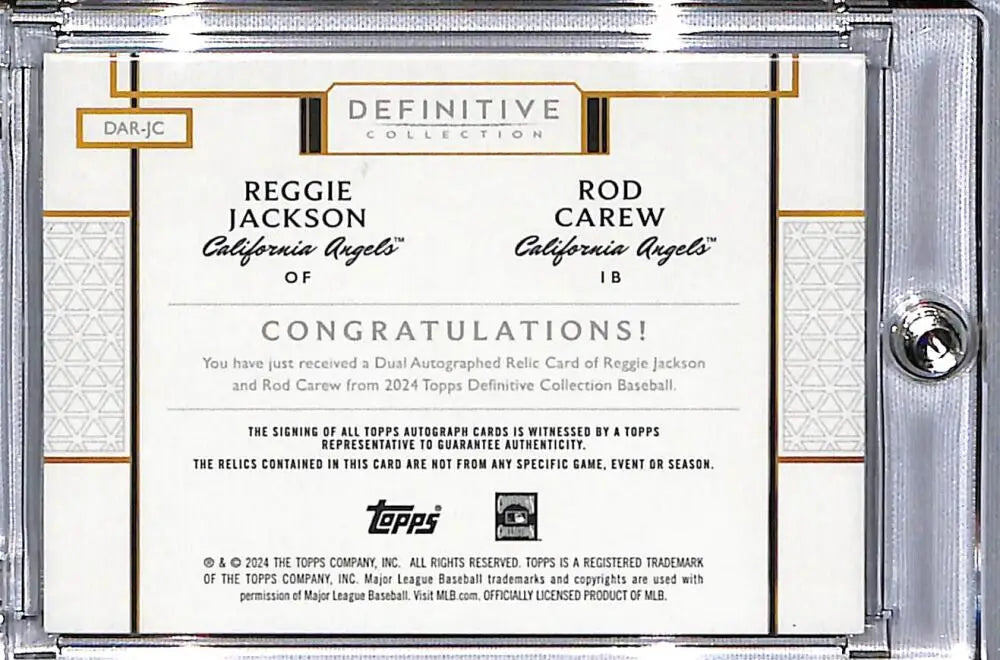 Dual autographed relic card featuring Reggie Jackson and Rod Carew of the California Angels