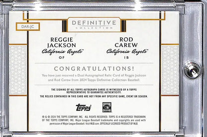 Dual autographed relic card featuring Reggie Jackson and Rod Carew of the California Angels