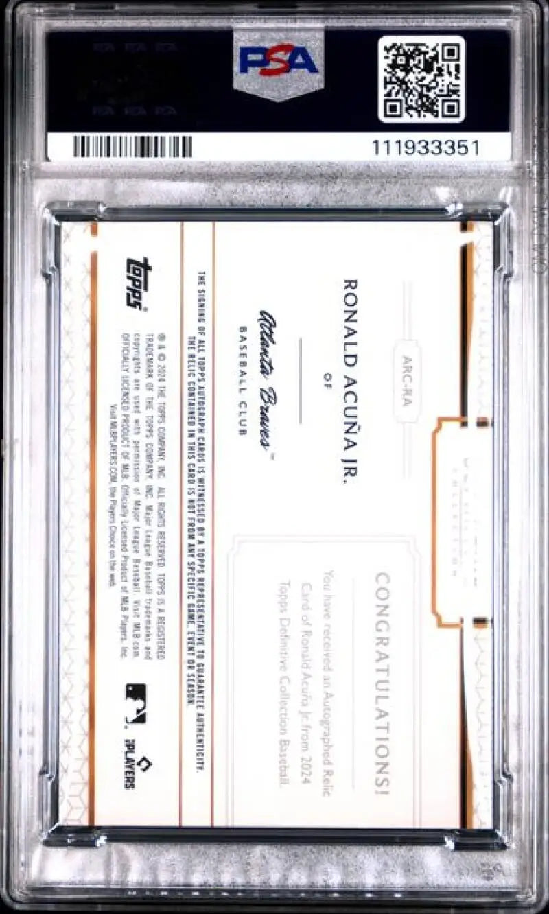 Graded Ronald Acuña Jr. Topps Definitive Relic Green baseball card PSA 7 NM MEM Auto
